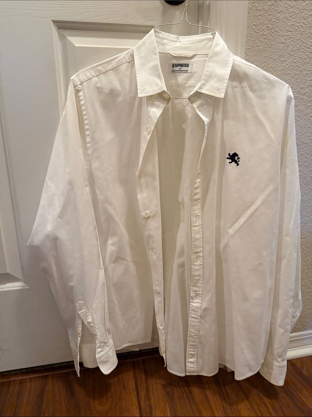 Express Men's White Button-Down Shirt with Navy Embroidered Logo